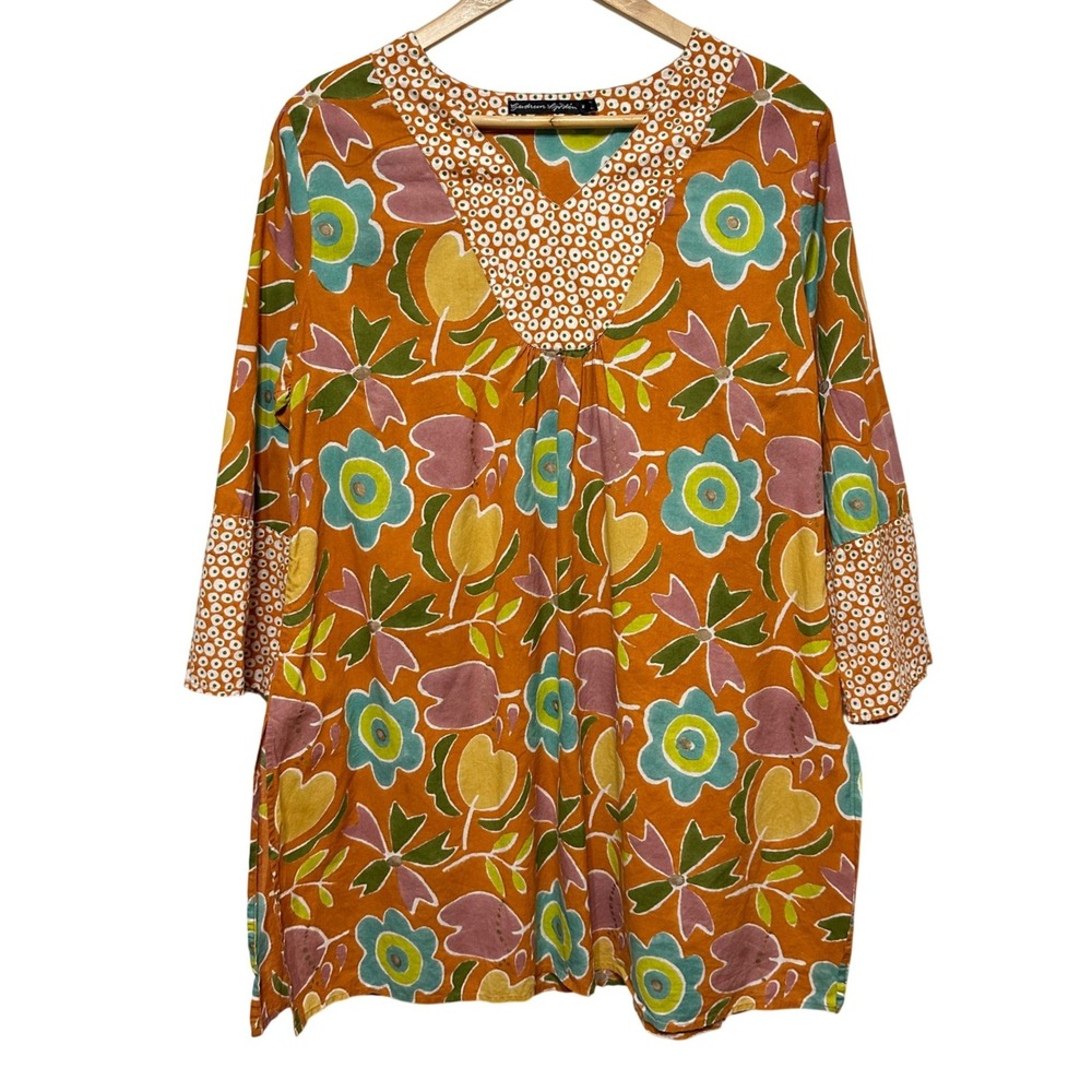 Gudrun Sjoden Retro Dress Women Medium Floral Organic Cotton Boho Lagenlook 70s